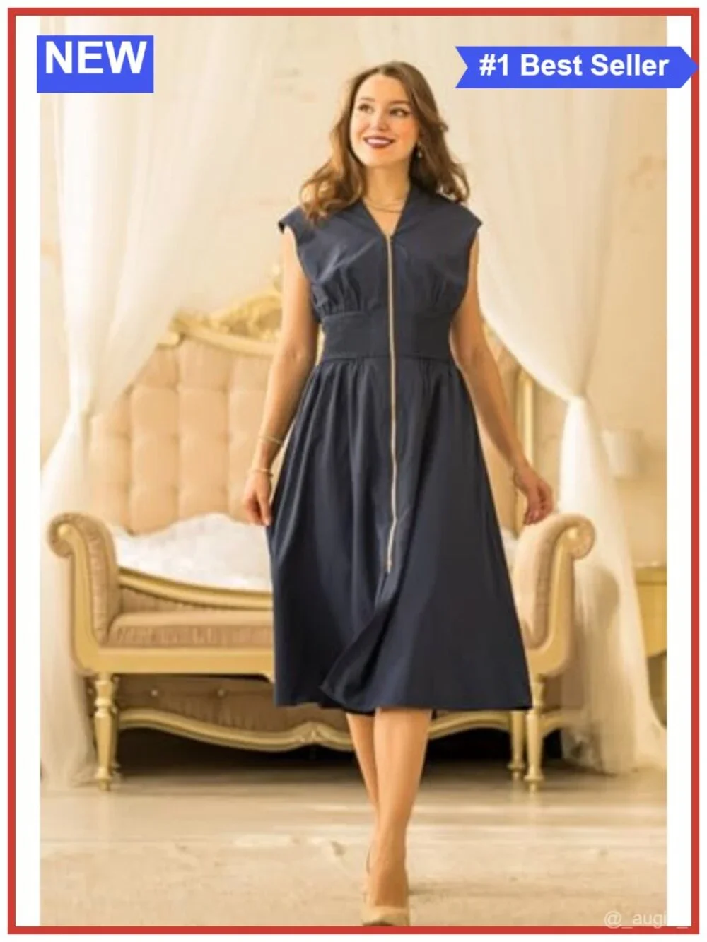 Womens Casual A-Line Midi Dress Sleeveless V-Neck Smocked Waist Pockets